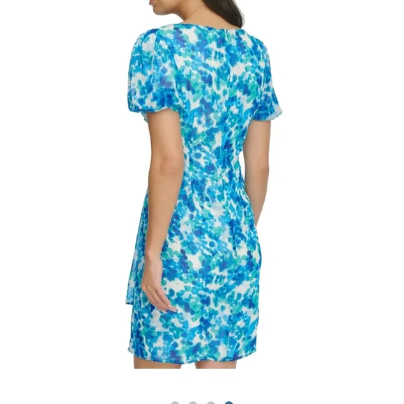 Dkny Blue Sheath Midi Dress with Puff Sleeves - Picture 2 of 7